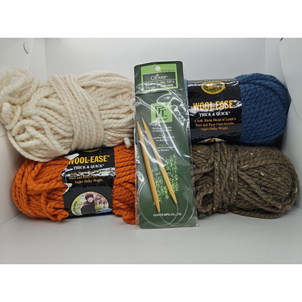 4 Lion Brand Yarn Wool-Ease Thick & Quick Different Colors & Knitting Needles